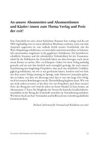 An unsere Abonnenten und Abonnentinnen und Käufer/-innen zum Thema Verlag und Preis der exit!