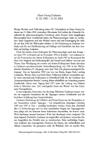 Nachruf auf Hans Georg Gadamer